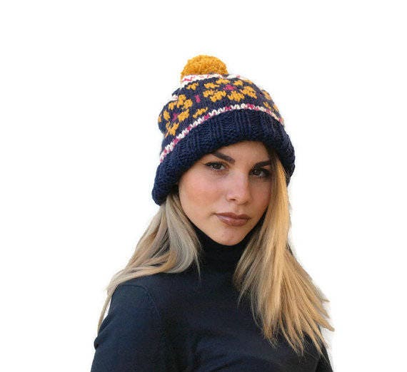 ladies navy pom pom hat