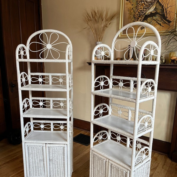 Vintage 1970s 70s wicker rattan daisy floral flower power shelves matching pair set boho home decor bookshelf 5ft tall large rare