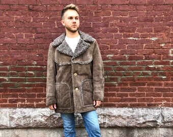 Vintage 1970s 70s Suede leather shearling jackets Men's size large gray brown winter coat JC penney's deadstock chest 42