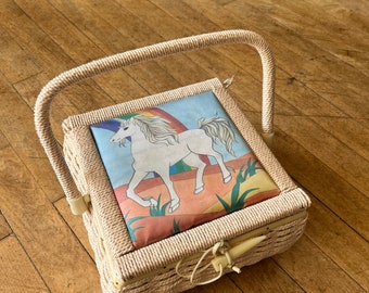 Vintage 1970s 1980s unicorn sewing box boho whimsical decor seamstress basket