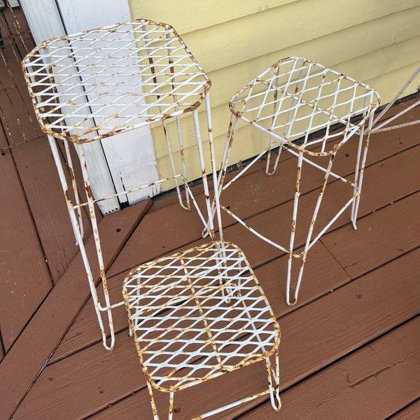 Vintage mid century metal wire plant stand set of three outdoors patio decor rustic chippy paint white