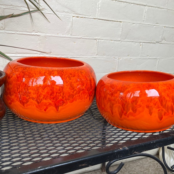 Vintage 1960s 1970s planter pots Jenkins Ceramics glazed drip glossy pottery USA burnt orange psychedelic boho garden house plants