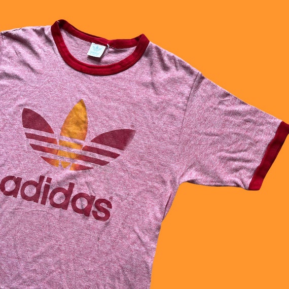 Vintage 1970s 1980s Adidas Trefoil red ringer gra… - image 2