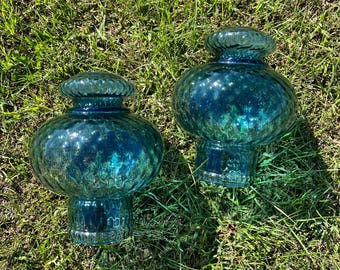 Vintage mid century 1970s aqua blue Swag glass pendant pair coin dot pattern whimsical boho set of two medium size