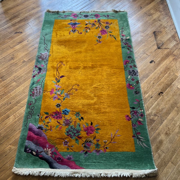 antique vintage Art Deco Chinese wool woven rug bright vibrant colors boho