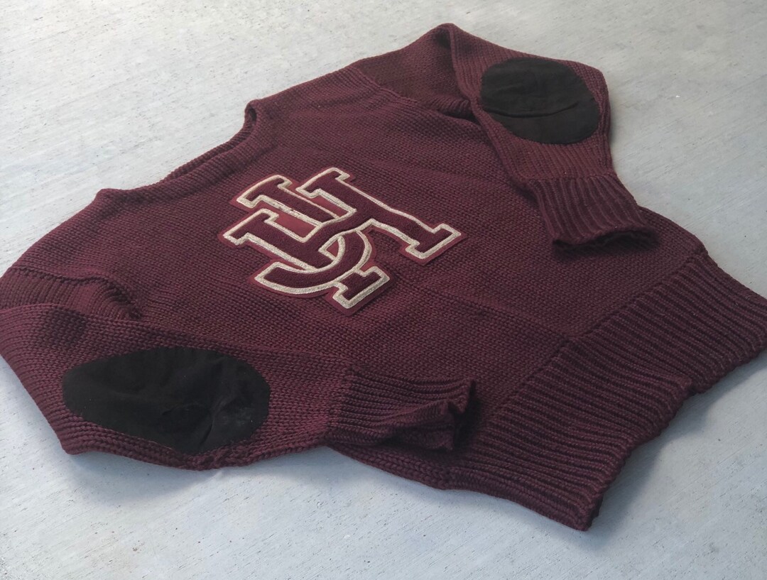 Vintage 1920s 20s Burgundy Cranberry Red Mens Sweater Letterman High School Wool Knit Size Small