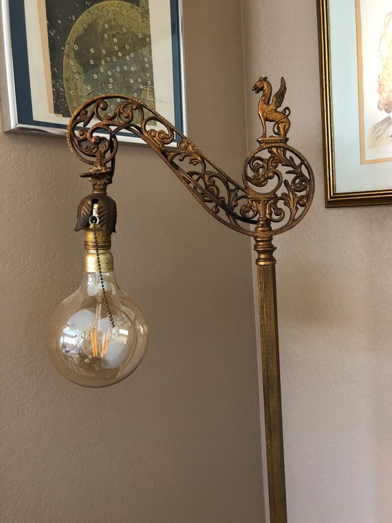 Antique 1910s 1920s Sphinx Brass Metal Floor Lamp Unique Egyptian Art Deco Victorian Edwardian Era