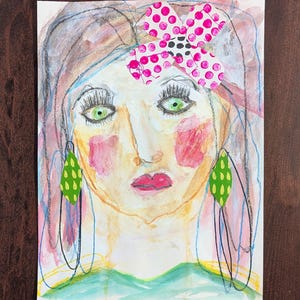 Acrylic faces art whimsical mixed media collage art on paper