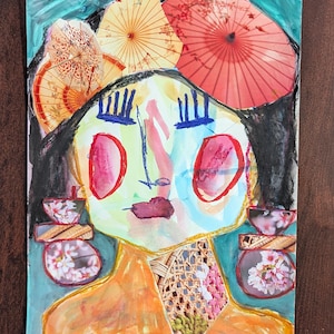 Abstract faces art whimsical mixed media collage portrait on paper