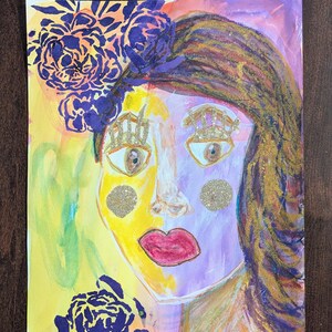 Abstract faces art whimsical mixed media collage portrait on paper