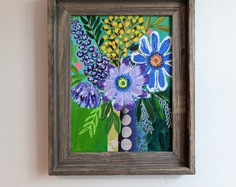 Floral painting flower art whimsical flower painting barnwood frame