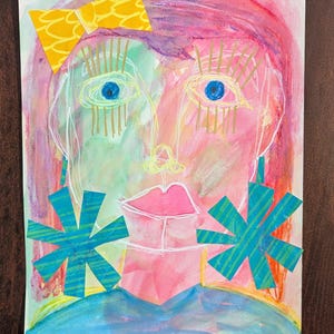 Abstract faces art whimsical mixed media collage art on paper