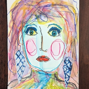 Abstract faces art whimsical mixed media collage portrait on paper