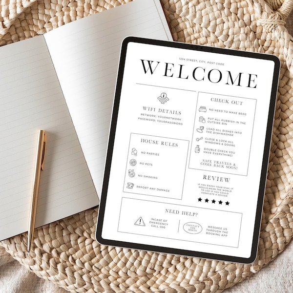 Señal de bienvenida para el administrador de Airbnb, guía de bienvenida de la plantilla VRBO, alquiler de vacaciones para anfitriones imprimible, póster de llegada de huéspedes, reglas de la casa, señal de Wifi