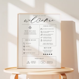 Willkommensschild für Airbnb-Manager, VRBO-Vorlage Willkommensleitfaden, Gastgeber-Ferienwohnung-Druckvorlage, Gastankommensposter, Hausordnung, Wi-Fi-Schild
