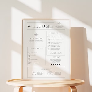 Señal de bienvenida para el administrador de Airbnb, guía de bienvenida de la plantilla VRBO, alquiler de vacaciones para anfitriones imprimible, póster de llegada de huéspedes, reglas de la casa, señal de Wifi