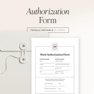 May include: A white work authorization form with the text "Authorization Form" at the top. The form includes fields for customer details, service location, and client signature. A white envelope with a string closure is on the left.