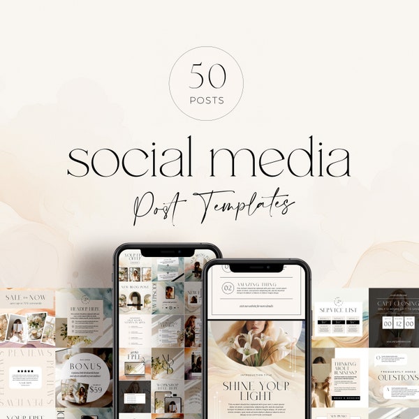 Branded Social Media Post Templates - 50 Pack, Aesthetic Neutral Canva Layouts, Boutique Post Templates, Minimal Modern Designed Feed BS001