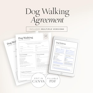 以下が含まれることがあります： 「Dog Walking Agreement」というタイトルの犬の散歩契約テンプレート。画像には、デジタルタブレットや印刷されたドキュメントなど、契約の複数のバージョンが含まれています。契約には、条件、スケジュール、および用品のセクションが含まれています。
