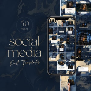 Navy and Gold Social Media Post Templates - 50 Pack, Watercolor Canva Layouts, Boutique Post Templates, Moody Modern Designed Feed BS005