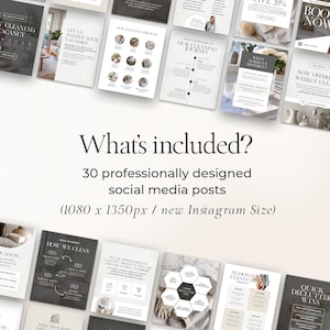 K&ouml;nnte beinhalten: Werbebild mit 30 professionell gestalteten Social-Media-Posts f&uuml;r Reinigungsdienste. Das Bild enth&auml;lt verschiedene Layouts mit Text und Grafiken, wie z. B. &bdquo;Unser Reinigungsweg&ldquo; und &bdquo;Wie wir reinigen&ldquo;. Der Text &bdquo;Was ist enthalten?&ldquo; ist ebenfalls sichtbar.