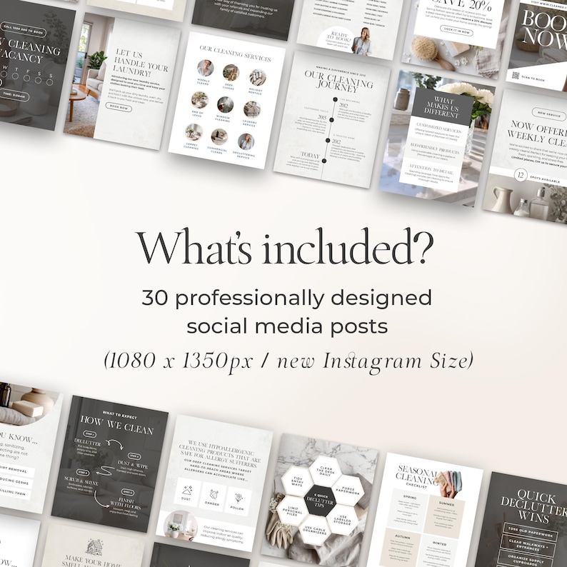 K&ouml;nnte beinhalten: Werbebild mit 30 professionell gestalteten Social-Media-Posts f&uuml;r Reinigungsdienste. Das Bild enth&auml;lt verschiedene Layouts mit Text und Grafiken, wie z. B. &bdquo;Unser Reinigungsweg&ldquo; und &bdquo;Wie wir reinigen&ldquo;. Der Text &bdquo;Was ist enthalten?&ldquo; ist ebenfalls sichtbar.