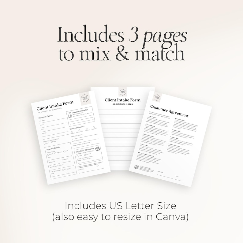 K&ouml;nnte beinhalten: Drei wei&szlig;e Seiten im US-Letter-Format mit schwarzem Text. Die Seiten enthalten ein Kundenaufnahmeformular, zus&auml;tzliche Notizen und eine Kundenvereinbarung. Der Text lautet "Includes 3 pages to mix & match" und "Includes US Letter Size (also easy to resize in Canva)".