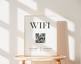 Minimal Wifi Password Sign with QR Code, Editable Short Stay / AirBNB Signs, Modern, Network Printable, 4x6, 5x7, 8x10, A4, Vacation Rental