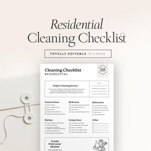 May include: A white cleaning checklist titled "Residential Cleaning Checklist" with editable text in Canva. The checklist includes sections for general areas, bedrooms, bathrooms, kitchen, living areas, and other areas. A logo placeholder is in the upper right corner.