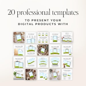 May include: An image displaying 20 professional templates for digital products. The templates are arranged in a grid, each featuring a tablet or screen with a customisable design. Text includes "20 professional templates" and "TO PRESENT YOUR DIGITAL PRODUCTS WITH."