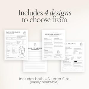 Op de afbeelding: Een verzameling witte papieren documenten met zwarte tekst, waaronder klantintakeformulieren en klantovereenkomsten. De tekst "Includes 4 designs to choose from" en "Includes both US Letter Size (easily resizable)" worden weergegeven. Elke vorm heeft een lijntekening van een vrouwenhoofd.