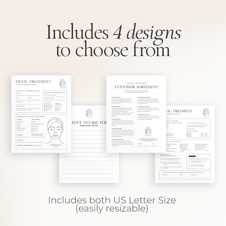 Op de afbeelding: Een verzameling witte papieren documenten met zwarte tekst, waaronder klantintakeformulieren en klantovereenkomsten. De tekst "Includes 4 designs to choose from" en "Includes both US Letter Size (easily resizable)" worden weergegeven. Elke vorm heeft een lijntekening van een vrouwenhoofd.