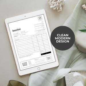 May include: A digital tablet displaying a black and white invoice template. The invoice includes fields for invoice number, client name, and item descriptions. A circular graphic on the right reads "Clean Modern Design."
