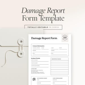 Puede incluir: Una plantilla de formulario de informe de daños con el texto «TOTALLY EDITABLE IN CANVA». El formulario incluye secciones para información de contacto, detalles del incidente y reconocimiento del cliente. Un sobre blanco con cierre de cuerda está en el fondo.
