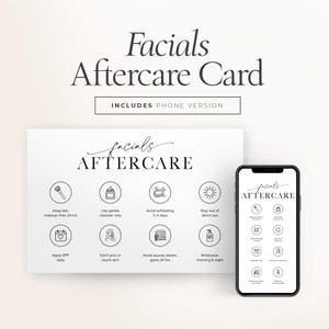 Può includere: Una scheda bianca per la cura post-trattamento viso con testo e icone neri, inclusa una versione per telefono. La scheda fornisce consigli sulla cura post-trattamento viso, come evitare il sole e il trucco. Il telefono mostra le stesse informazioni. La scheda include il testo "Facials Aftercare Card".