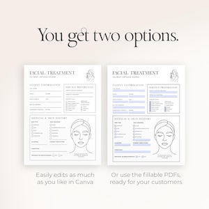 Op de afbeelding: Twee witte formulieren voor gezichtsbehandelingen met blauwe accenten. Elk formulier bevat secties voor klantinformatie, servicevoorkeuren en medische geschiedenis. De tekst luidt "You get two options."