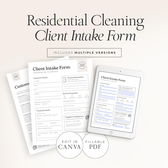Client Intake Form & Customer Agreement | Editable Canva + Fillable PDF | Residential Cleaning Business Templates – CF001