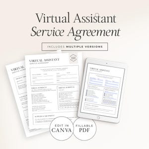 May include: A digital product showcasing a Virtual Assistant Service Agreement. The image displays printed documents and a tablet with the agreement. Text includes "Virtual Assistant Service Agreement," "Includes Multiple Versions," and options to "Edit in Canva" and "Fillable PDF."