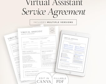 Virtual Assistant Service Agreement Template | Editable Canva + Fillable PDF | Client Contract Form - VA001