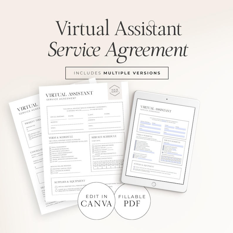 K&ouml;nnte beinhalten: Ein digitales Produkt mit einem Virtual Assistant Service Agreement. Das Bild zeigt gedruckte Dokumente und ein Tablet mit der Vereinbarung. Der Text enth&auml;lt "Virtual Assistant Service Agreement", "Includes Multiple Versions" und Optionen zum "Editieren in Canva" und "Fillable PDF".