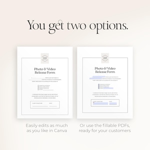 Pu&ograve; includere: Sono presentati due moduli bianchi di rilascio foto e video, ciascuno con un logo in alto. Il testo "You get two options" &egrave; sopra i moduli. Uno &egrave; modificabile in Canva, l'altro &egrave; un PDF compilabile.