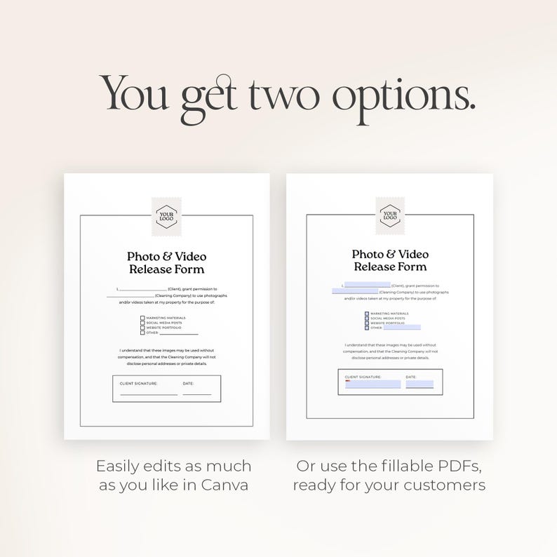 Pu&ograve; includere: Sono presentati due moduli bianchi di rilascio foto e video, ciascuno con un logo in alto. Il testo "You get two options" &egrave; sopra i moduli. Uno &egrave; modificabile in Canva, l'altro &egrave; un PDF compilabile.
