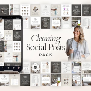 May include: A collection of social media posts for cleaning services. The posts feature a variety of designs with text such as "Cleaning Social Posts Pack", "Green Cleaning", and "Save 20%", displayed on a smartphone and in print.