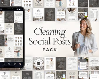 Puede incluir: Un conjunto de publicaciones para redes sociales sobre servicios de limpieza. Las publicaciones presentan diseños variados con texto como "Cleaning Social Posts Pack", "Green Cleaning" y "Save 20%", mostrados en un smartphone y en impresión.