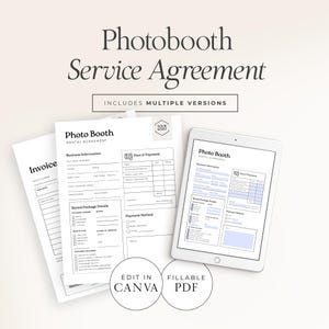 Może przedstawiać: Szablon umowy serwisowej fotobudki z wieloma wersjami. Obraz przedstawia stos białych dokumentów papierowych i tablet z umową. Dokumenty zawierają sekcje dotyczące informacji o firmie, opłat i szczegółów płatności.