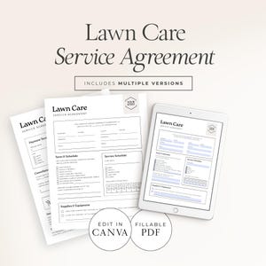 Może przedstawiać: Biały tablet cyfrowy i wydrukowane dokumenty z tekstem "Lawn Care Service Agreement". Dokumenty zawierają sekcje dotyczące warunków, harmonogramu i materiałów eksploatacyjnych. Obraz zawiera również tekst "Edit in Canva" i "Fillable PDF".