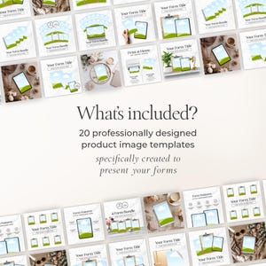 May include: A selection of 20 professionally designed product image templates, arranged in a grid. Each template showcases a tablet or clipboard design. The image includes the text "What's included?" and other descriptive text.