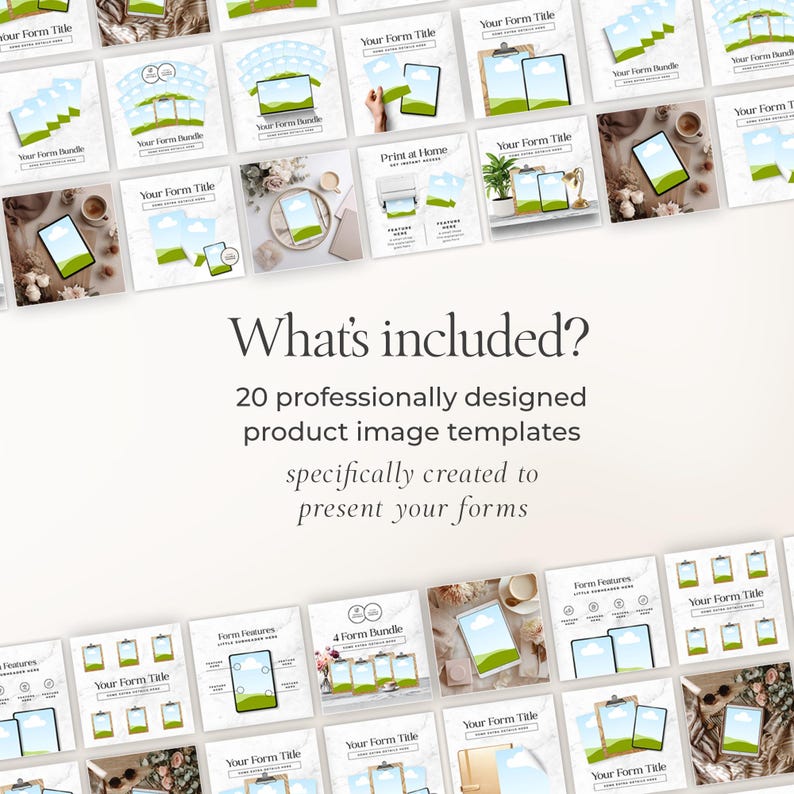 May include: A selection of 20 professionally designed product image templates, arranged in a grid. Each template showcases a tablet or clipboard design. The image includes the text "What's included?" and other descriptive text.