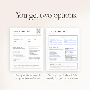 K&ouml;nnte beinhalten: Zwei wei&szlig;e Vorlagen f&uuml;r Virtual Assistant Service Agreements mit blauem und schwarzem Text. Eine Vorlage ist in Canva bearbeitbar, die andere ist eine ausf&uuml;llbare PDF-Datei. Text enth&auml;lt "Term & Schedule" und "Supplies & Equipment."