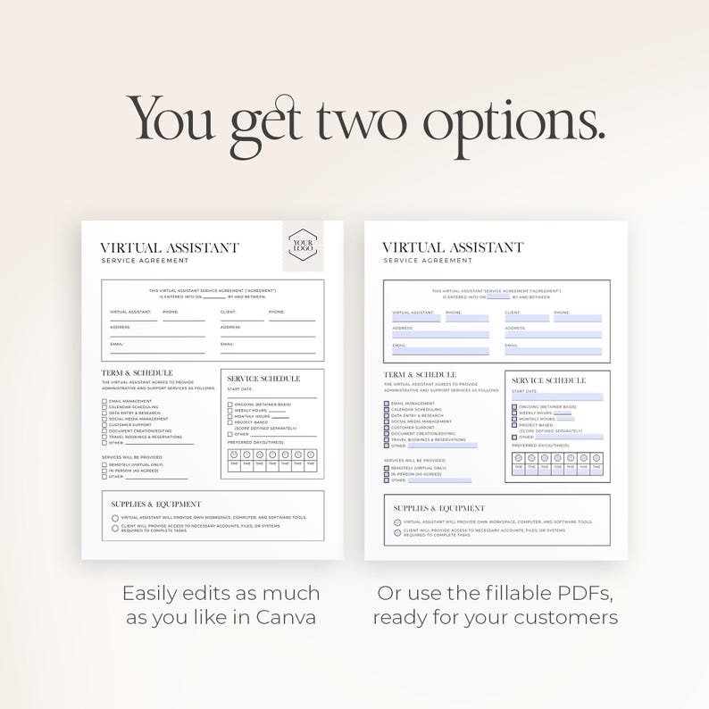 K&ouml;nnte beinhalten: Zwei wei&szlig;e Vorlagen f&uuml;r Virtual Assistant Service Agreements mit blauem und schwarzem Text. Eine Vorlage ist in Canva bearbeitbar, die andere ist eine ausf&uuml;llbare PDF-Datei. Text enth&auml;lt "Term & Schedule" und "Supplies & Equipment."